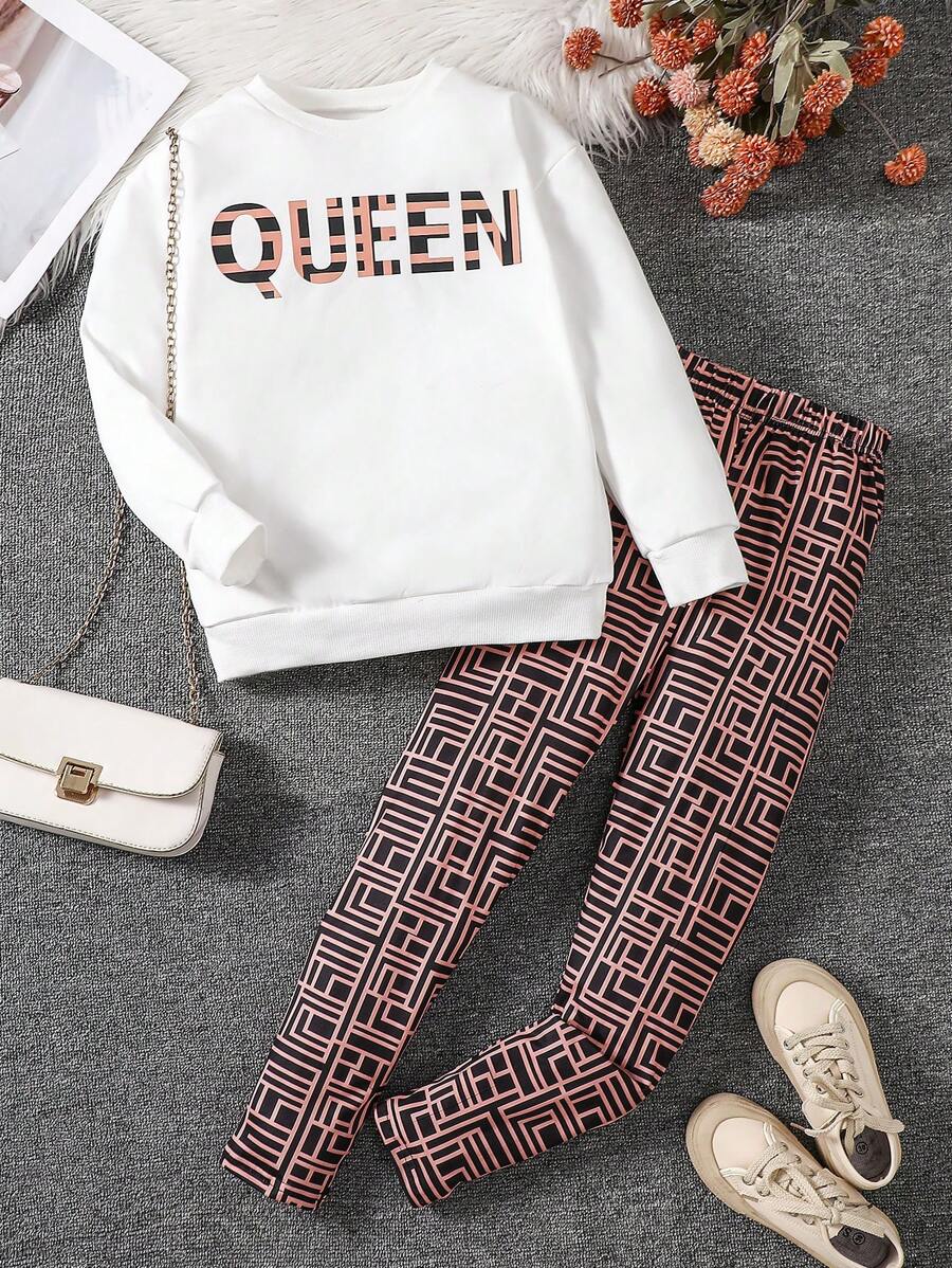 Tween Girls Round Neck Letter Printed Sweatshirt Top And Straight Leg Casual Pants Set - White - View 1