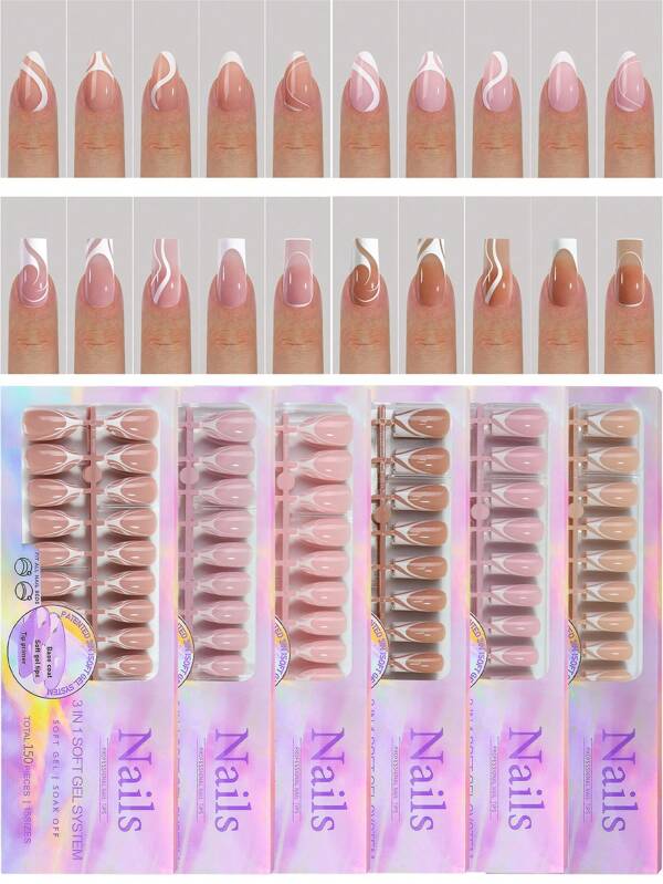 150pcs 5Styles/Boxed Charming Painted Wearable False Nail Tips Full Cover Square Ballet Almond Press On Nails Convenient Removable Fake Nails For Women Girls DIY Manicure Art Supplies