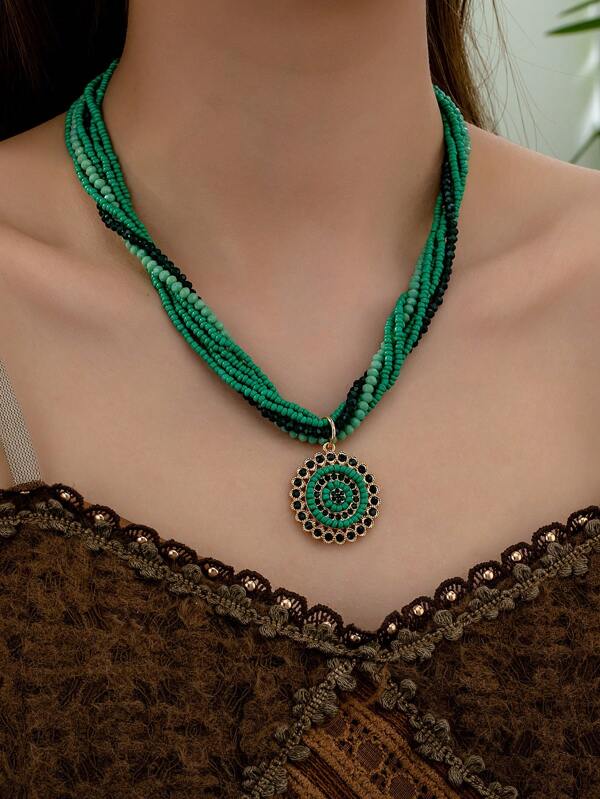 1pc Green Layered Bead Statement Necklace, European & American Style, Casual And Holiday Wear For Women