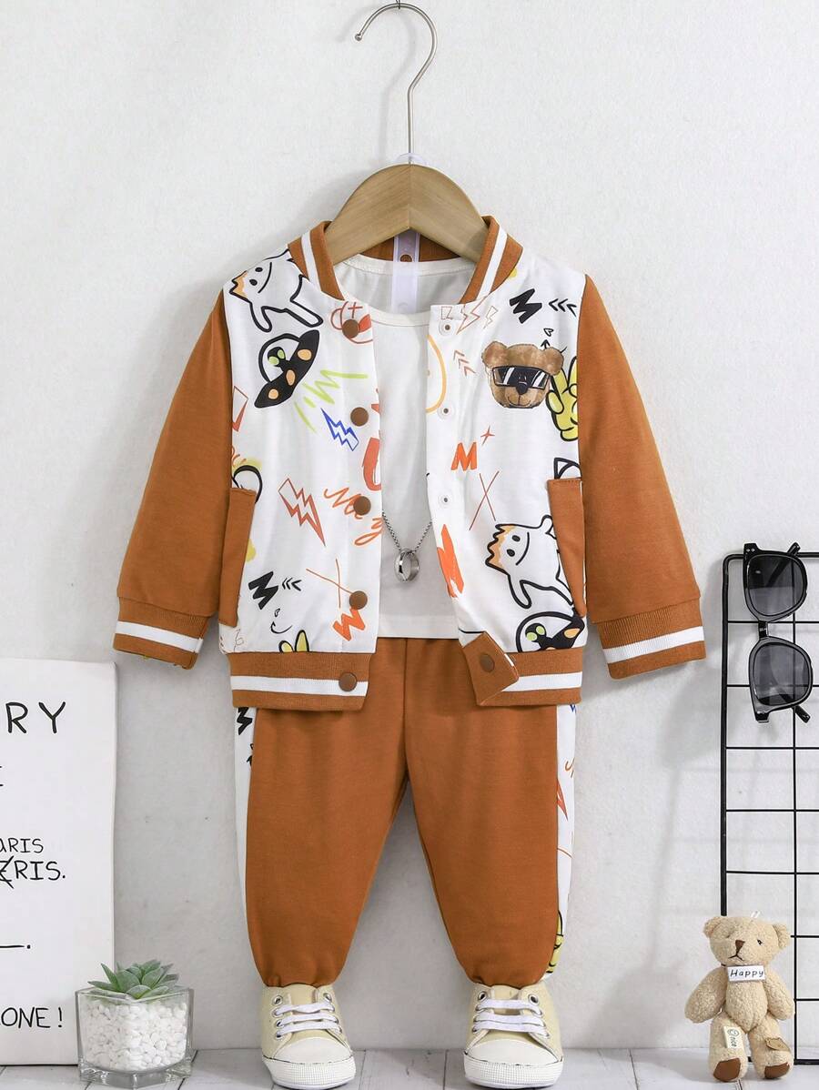 2pcs Baby Boys' Fashionable Cartoon Bear Pattern Printed Color-Block Baseball Jacket And Long Pants Set, Spring/Autumn - Brown - View 1