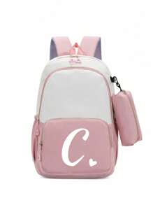 2 buc/Set Rucsac drăguț pentru studenți, rucsac simplu cu fermoar de capacitate mare, rucsac și geantă de papetărie, cu litere albe în formă de inimă A-Z, rucsac înapoi la școală, geantă de umăr de mare capacitate, echipat cu geantă de papetărie de aceeași culoare, rucsac pentru computer la modă și casual asortat pentru campus , Rucsac de damă, Rucsac de călătorie, Vacanță de călătorie, Sport în aer liber, Școală de fete, Studentă de fete, Cadou pentru fiica iubită, Cadou pentru întoarcerea la școală, Potrivit pentru uz școlar