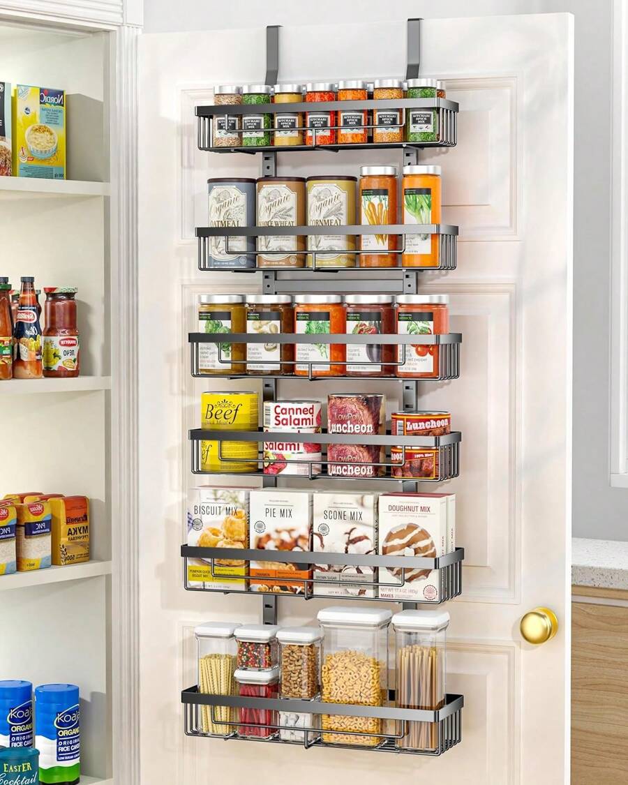 Over The Door Pantry Organizer,6 Tier Black Metal Pantry Organizers,Kitchen Over The Door Pantry Spice Rack And Food Storage Organizer Rack - màu đen - Xem 1