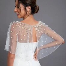 1 PC Trắng Faux Pearl Ngắn Áo Choàng Cô Dâu Áo Choàng Váy Cưới Bolero Quần Áo Mùa Thu Cho Phụ Nữ - VG27 - Xem 4