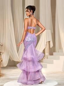 Faeriesty Váy dự tiệc sequin viền lưới phủ viền đuôi cá, váy dạ hội trang trọng, dành cho khách dự tiệc cưới, tốt nghiệp, tiệc tối - Màu Lilac Tím - Xem 2