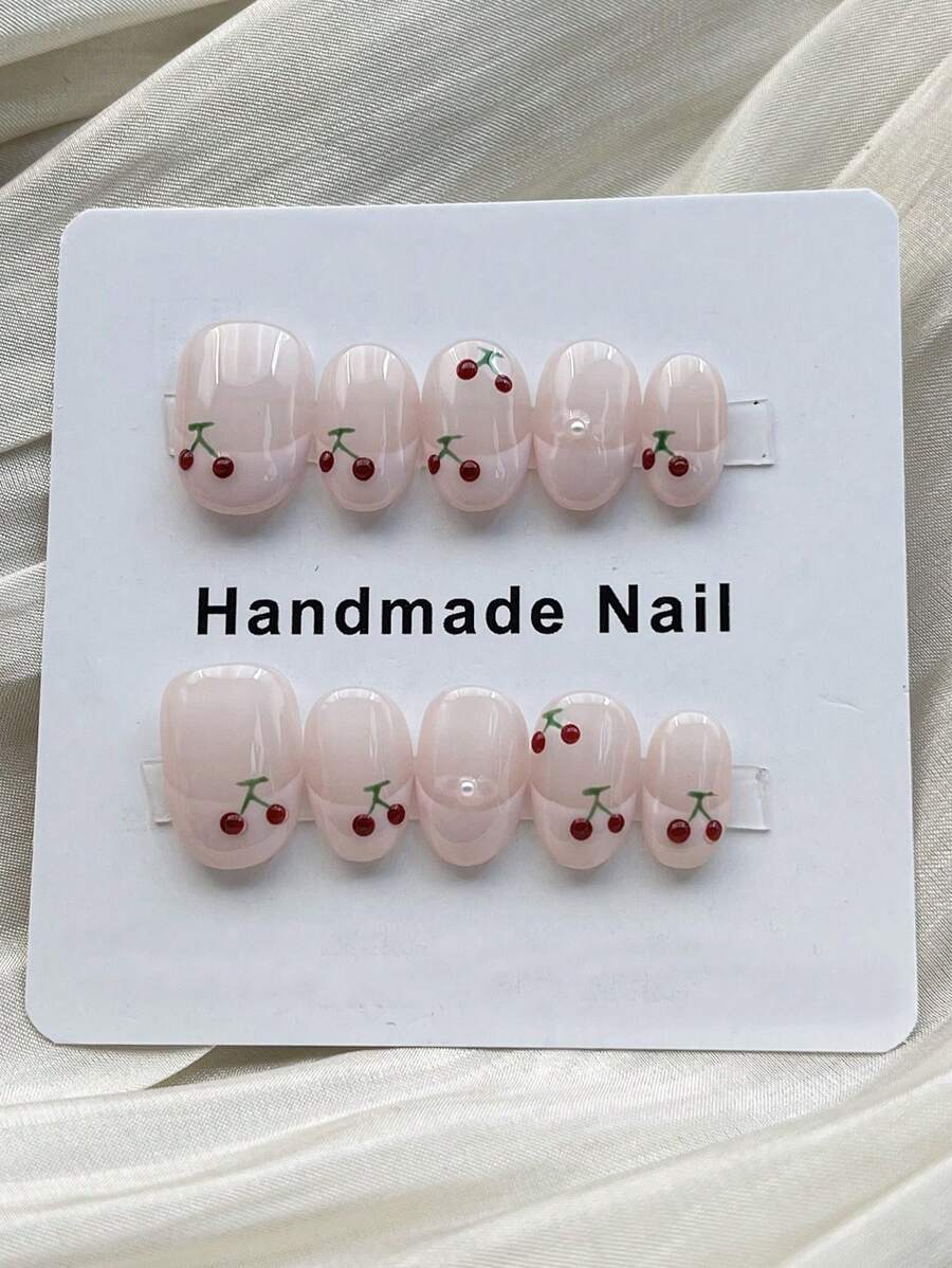 10 peças de adesivos de arte de unha curtos com design de cereja desenhado à mão fofos e minimalistas para unhas de pressão, suprimentos para unhas - Rosa - Ver 1