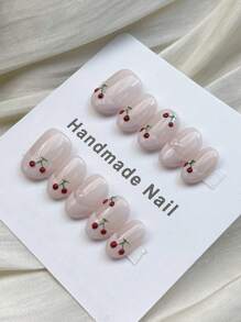 10 peças de adesivos de arte de unha curtos com design de cereja desenhado à mão fofos e minimalistas para unhas de pressão, suprimentos para unhas - Rosa - Ver 4