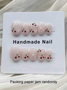 10 peças de adesivos de arte de unha curtos com design de cereja desenhado à mão fofos e minimalistas para unhas de pressão, suprimentos para unhas - Rosa - Ver 3