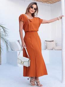 Skirt And Blouse Set In Twill Viscose Short-Sleeved Blouse With Boat Neckline Midi Skirt A-Line Model With Pockets And Front Slit - 亮橙色 - 查看 6