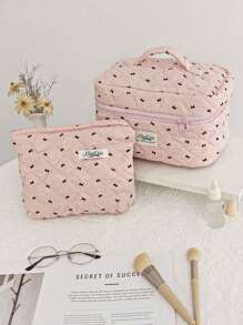 1pc Cute Black Bowknot Printed Makeup Bag Set With Black Bows S/M/L Size Cute Floral Cosmetic Bag With Aesthetic Toiletry Travel Organizer Bag For Women Girls Print Large Travel Vintage Quilted Makeup Bag For Women Skincare Organizer Bag Funky Pouch Gift For Teen Girls Women, For Back To School - Pink - View 7