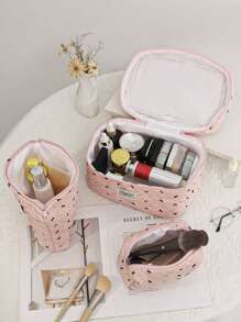 1pc Cute Black Bowknot Printed Makeup Bag Set With Black Bows S/M/L Size Cute Floral Cosmetic Bag With Aesthetic Toiletry Travel Organizer Bag For Women Girls Print Large Travel Vintage Quilted Makeup Bag For Women Skincare Organizer Bag Funky Pouch Gift For Teen Girls Women, For Back To School - Pink - View 6