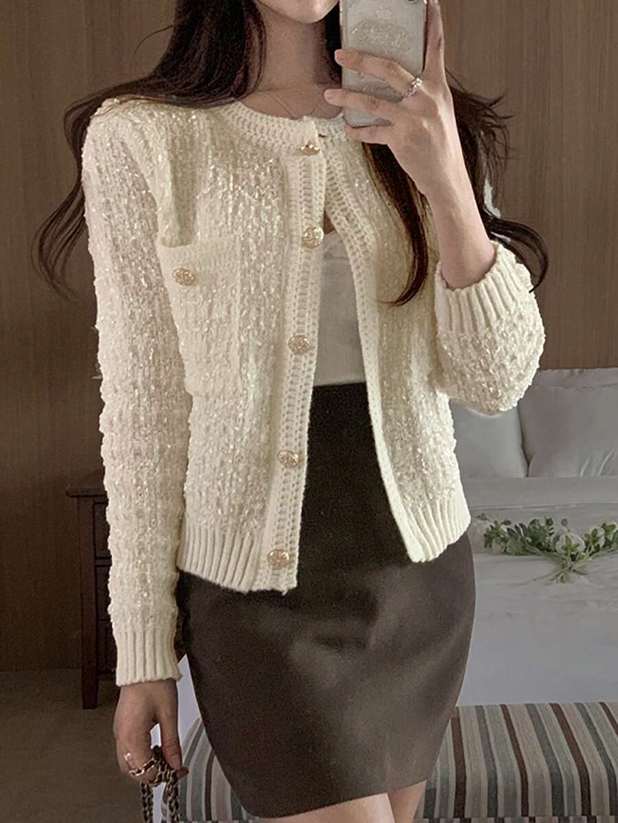 French Style Double Pocket Crew Neck Cardigan - Apricot - View 1