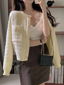 French Style Double Pocket Crew Neck Cardigan - Apricot - View 5