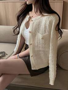 French Style Double Pocket Crew Neck Cardigan - Apricot - View 4