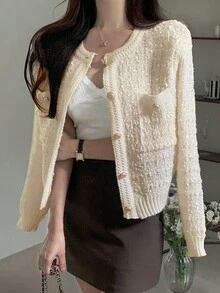 French Style Double Pocket Crew Neck Cardigan - Apricot - View 3