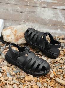 新款夏季罗马凉鞋 透气户外运动防滑凉鞋 编织增高鞋头 镂空防滑沙滩拖鞋 厚底 - 黑色 - 查看 5