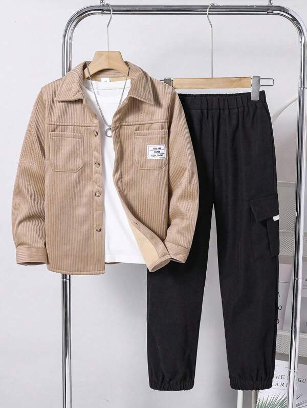 2pcs/Set Tween BoyCasual Thermal Lined Shirt With Pockets And Pants