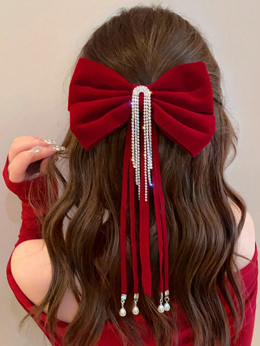 新款时尚/新年礼物水晶流苏大蝴蝶结天鹅绒弹簧夹发饰，双层蝴蝶结丝带发夹女士情人节 - 黑色吊墜髮夾 - 查看 1