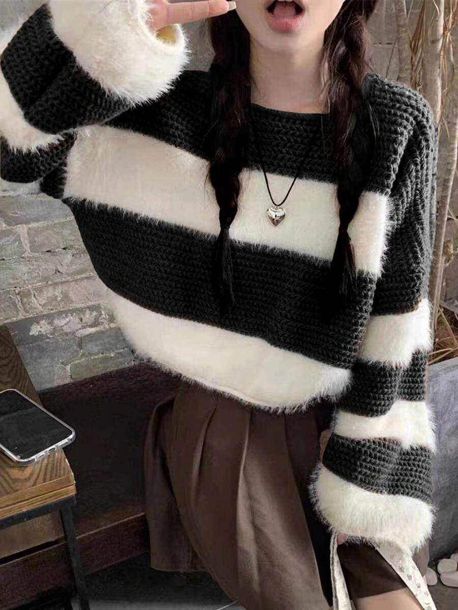 宽松短款条纹针织套头衫、长袖上衣