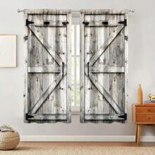 1 套/2 件，复古谷仓门景观，口袋杆安装，数码印花窗帘，涤纶材料，适用于客厅、餐厅、卧室、书房、酒店、餐厅、入口、家居装饰 - 灰色 - 查看 2