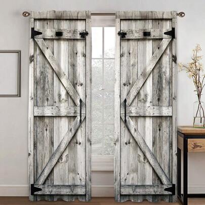 1 套/2 件，复古谷仓门景观，口袋杆安装，数码印花窗帘，涤纶材料，适用于客厅、餐厅、卧室、书房、酒店、餐厅、入口、家居装饰