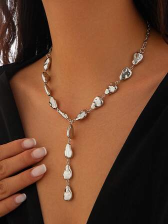 1pc Asymmetrical CCB Plastic Baroque Y-Shaped Necklace, Minimalist Flat Water Drop Pendant Necklace For Women