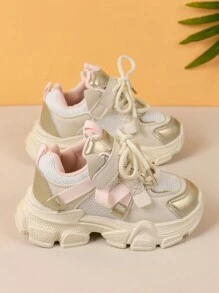 Soft Anti-Slip Sports Shoes For Toddler Girls, Fashionable Breathable Mesh Sneakers - Beige - View 3