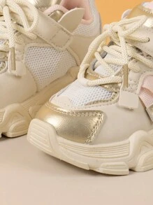 Soft Anti-Slip Sports Shoes For Toddler Girls, Fashionable Breathable Mesh Sneakers - Beige - View 6