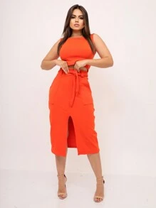Women's Midi Skirt And Cropped Set - Burnt Orange - View 1