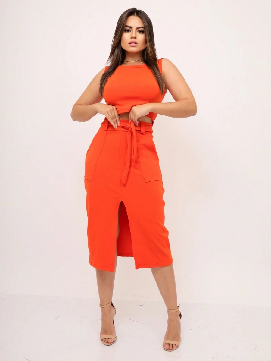 Women's Midi Skirt And Cropped Set - Burnt Orange - View 1