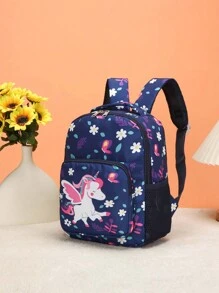 1 件时尚可爱卡通蝴蝶和独角兽印花背包，图案放置随机 - 深藍色 - 查看 2