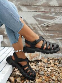 新款夏季罗马凉鞋 透气户外运动防滑凉鞋 编织增高鞋头 镂空防滑沙滩拖鞋 厚底 - 黑色 - 查看 3