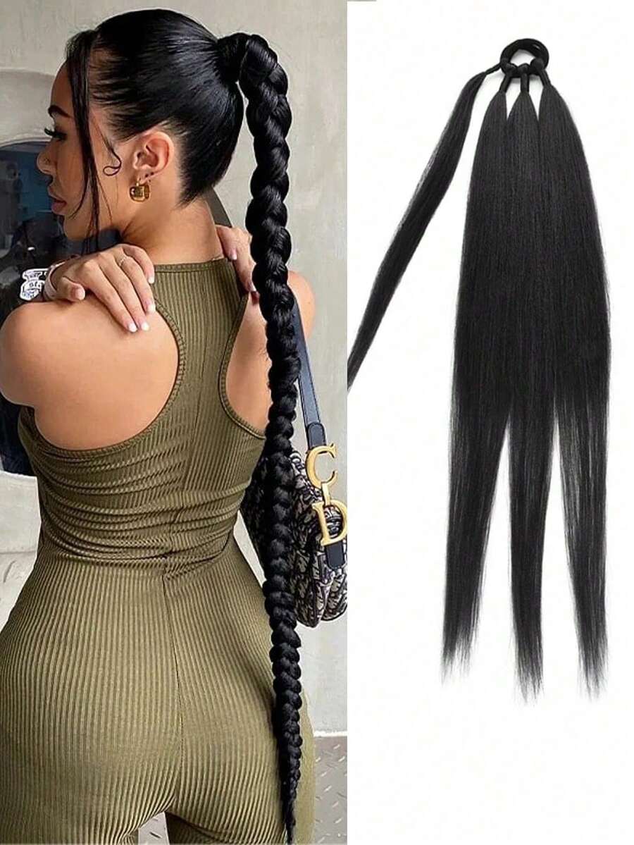 马尾辫接发合成拳击辫子包发髻带橡皮筋发带 30 英寸棕色渐变辫子 DIY - 黑色 - 查看 1