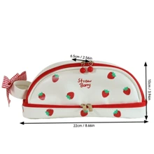 Estuche para lápices encantador con patrón de fresa y corazones para chicas adolescentes, hecho de material de PU fácil de limpiar con moño, para almacenamiento - Rojo - Ver 9