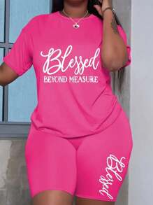 Plus Size Letter Print Two Piece Set, Round Neck Short Sleeve Top And Shorts Clothing, Women's Plus Size Clothing - Màu Hồng Tươi - Xem 1
