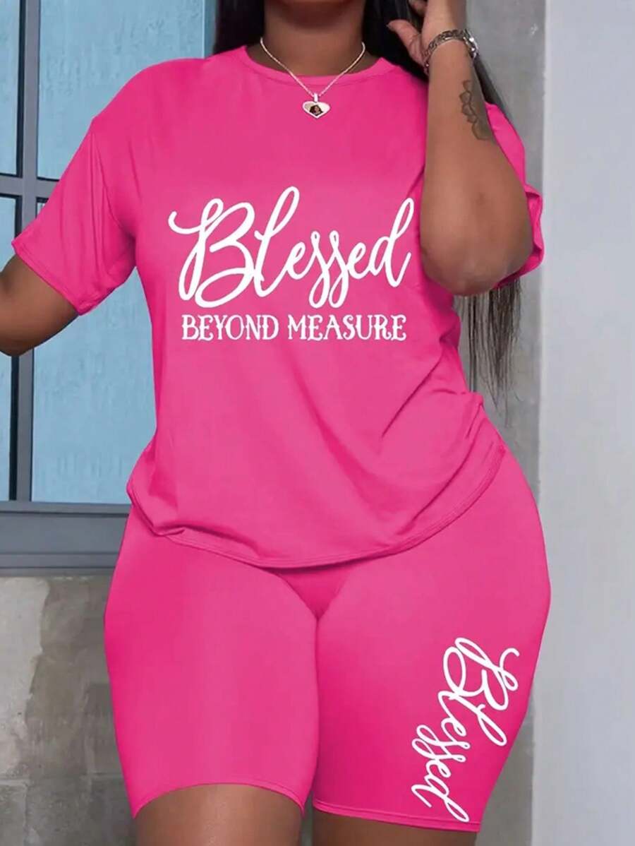 Plus Size Letter Print Two Piece Set, Round Neck Short Sleeve Top And Shorts Clothing, Women's Plus Size Clothing - Màu Hồng Tươi - Xem 1