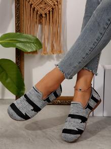 Women Round Toe Flat Shoes, Patchwork Knit Upper, Casual Breathable Non-Slip Comfortable Ballet Flats - Grey - View 5