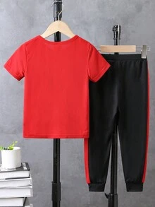 Bộ 2 chiếc/bộ áo thun cổ tròn tay ngắn màu trơn đơn giản và quần nỉ cho bé trai, phù hợp cho mùa hè, thể thao, thường ngày, mặc hàng ngày, ngoài trời, mùa xuân và mùa thu - Đỏ - Xem 2