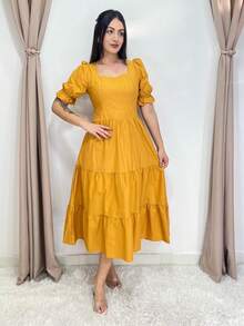 Plain Knitted Cotton Short Sleeve Midi Dress - 芥末黃 - 查看 2