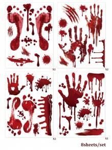 10pcs/8pcs/Set Halloween Horror Bloody Handprint & Footprint Wall Decals, Scary Blood Drip Self-Adhesive Stickers For Wall, Glass, Window Decor - Multicolor - View 10