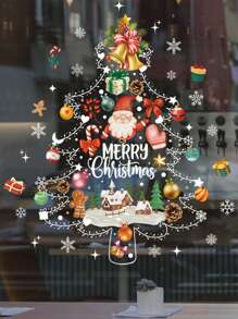 圣诞节窗贴、圣诞老人、雪人、树、房子和彩灯贴纸 | 可重复使用的防静电 PVC 玻璃和冰箱贴花 | 艺术装饰卡通风格 | 半光泽饰面 - 家庭办公室派对装饰用品，圣诞节 - 彩色 - 查看 5