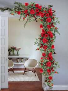 31.49in Artificial Flowers Hanging Plants For Decor Artificial Rose Vine Hanging With Rattan Tray, Fake Flower Wall Decor Hanging For Home Room Garden Wedding Indoor Outdoor Decoration - 紅色 - 查看 1
