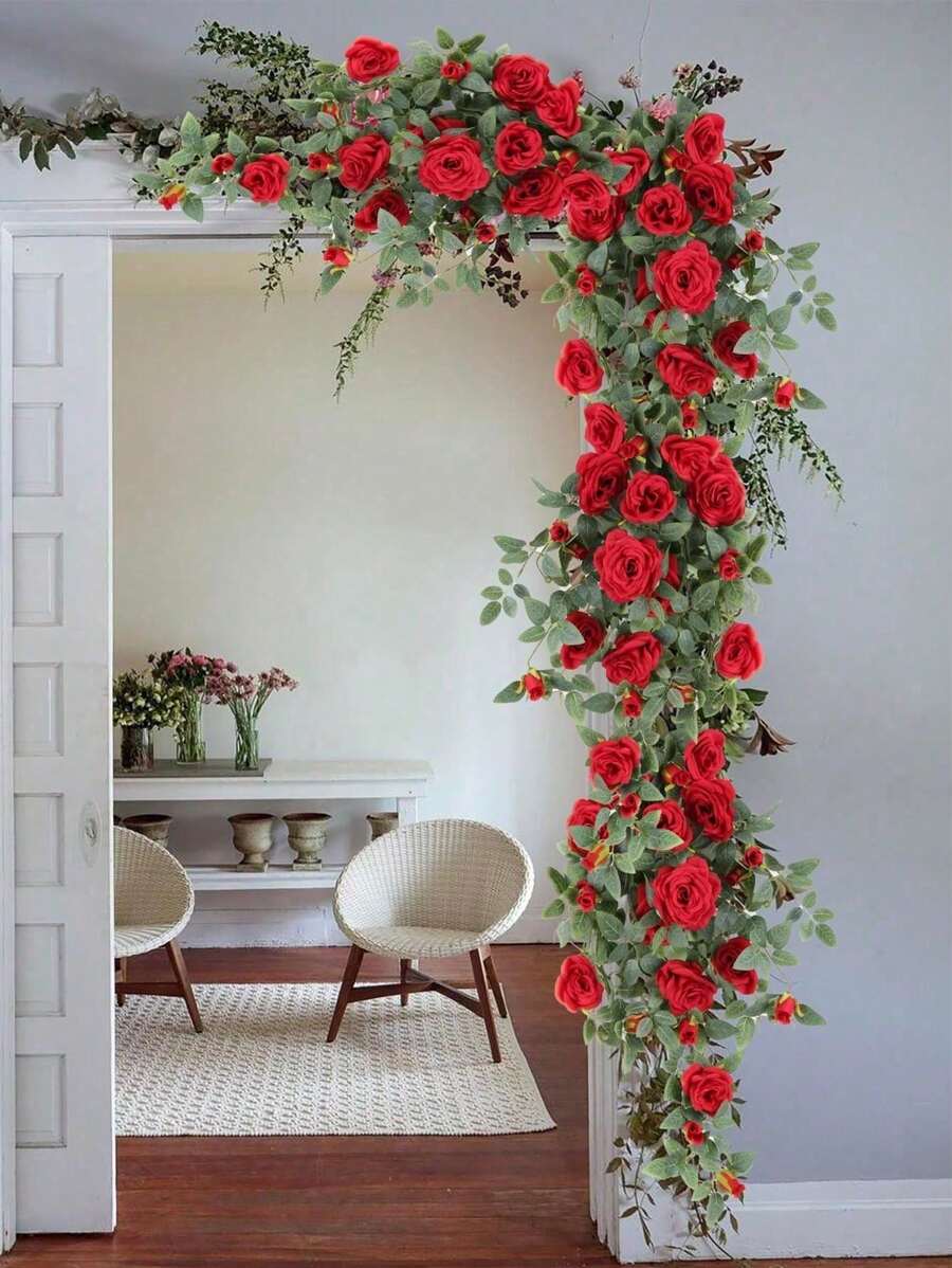 31.49in Artificial Flowers Hanging Plants For Decor Artificial Rose Vine Hanging With Rattan Tray, Fake Flower Wall Decor Hanging For Home Room Garden Wedding Indoor Outdoor Decoration - 紅色 - 查看 1