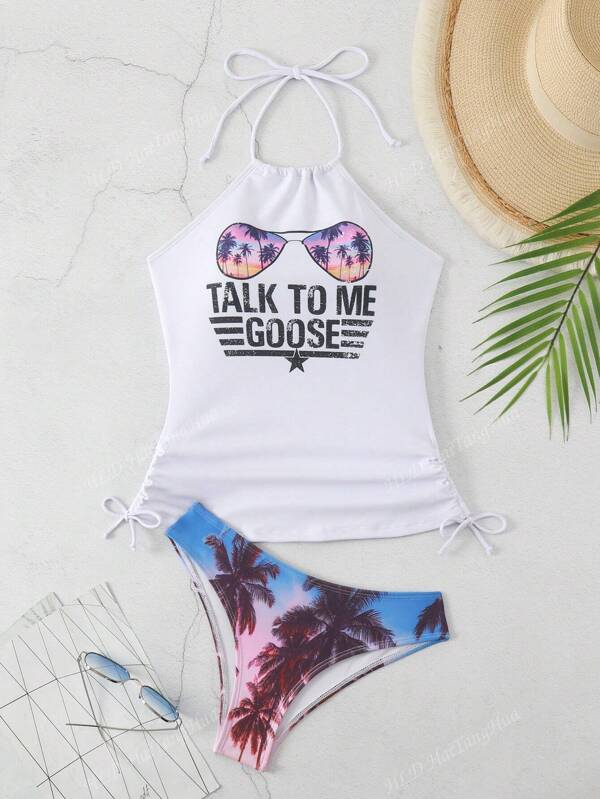 Conjunto de bikini de traje de baño dividido con estampado de moda casual de vacaciones al aire libre de diseño reciente euro-americano para el verano en la playa