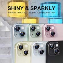 Protector de lente de cristal templado 9H con decoración de anillo de metal brillante compatible con iPhone 11-15 Pro Max, cristal brillante, protector de lente, accesorios para teléfonos, resistente al agua, a prueba de golpes, anti-caída, anti-arañazos, cobertura completa, regalo para familiares y amigos - Dorado - Ver 3
