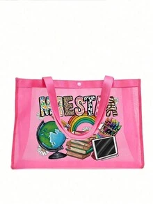 Bolsa de playa de malla con estampado arcoíris, bolsa de playa con letra Maestra, bolsa de playa plegable con cremallera, impermeable y a prueba de arena, bolso de playa de malla con decoración de letra para mujer, adecuado para almacenamiento y compras de vacaciones en la playa para adolescentes y universitarias, gran capacidad, gran regalo para familia, amigos, estudiantes, vuelta al cole, regalos para maestros, mejor regalo para el Día del Maestro - Rosa - Ver 5