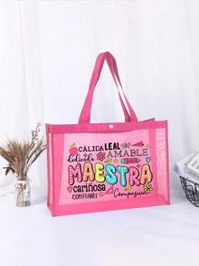 Bolsa de playa de malla con estampado arcoíris, bolsa de playa con letra Maestra, bolsa de playa plegable con cremallera, impermeable y a prueba de arena, bolso de playa de malla con decoración de letra para mujer, adecuado para almacenamiento y compras de vacaciones en la playa para adolescentes y universitarias, gran capacidad, gran regalo para familia, amigos, estudiantes, vuelta al cole, regalos para maestros, mejor regalo para el Día del Maestro - Rosa - Ver 3