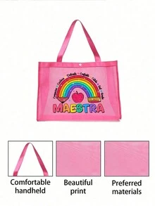 Bolsa de playa de malla con estampado arcoíris, bolsa de playa con letra Maestra, bolsa de playa plegable con cremallera, impermeable y a prueba de arena, bolso de playa de malla con decoración de letra para mujer, adecuado para almacenamiento y compras de vacaciones en la playa para adolescentes y universitarias, gran capacidad, gran regalo para familia, amigos, estudiantes, vuelta al cole, regalos para maestros, mejor regalo para el Día del Maestro - Rosa - Ver 4