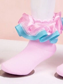 1 双儿童花卉装饰双层袜子，女童舞蹈和休闲袜，适合所有季节 - 彩色 - 查看 5