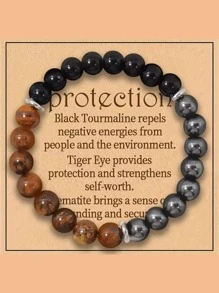 1pc Natural Color Handmade Woven Gemstone Bracelet, Unisex Single Wrap Obsidian & Tiger Eye Stone Bracelet - Multicolor - View 13