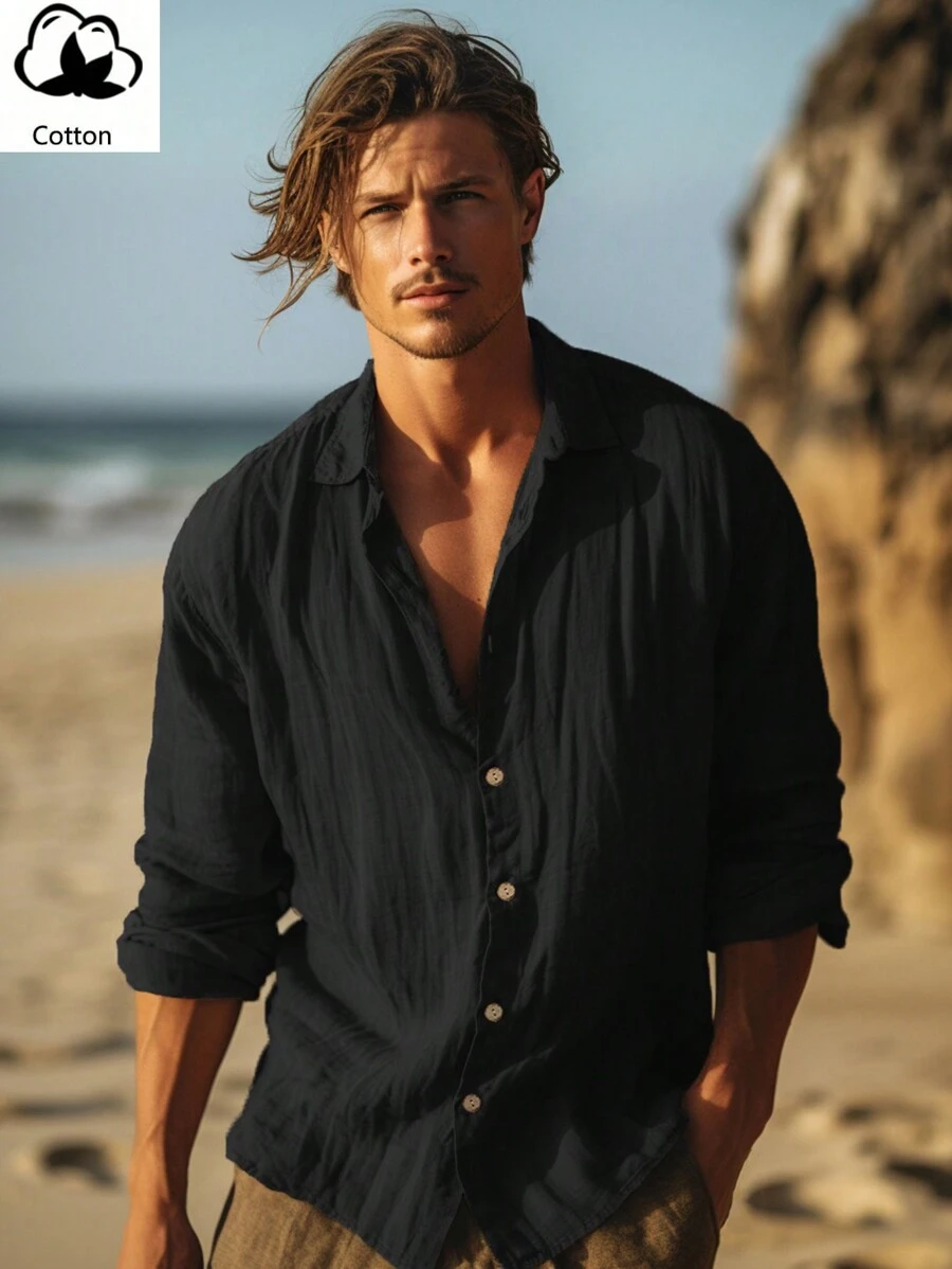 Men's Linen / Bohemian Style Long Sleeve Shirt, For Fall - Black - View 1